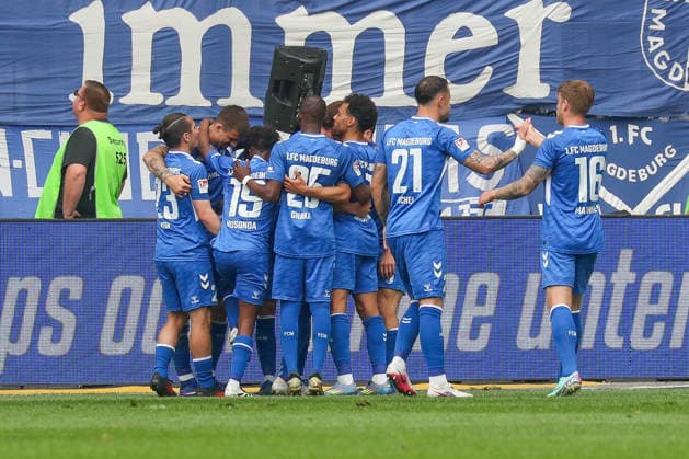 03.05.2026, xgox, Fussball - 2.Bundesliga 1.FC Magdeburg - Hertha BSC Berlin emspor, v.l. Jubel nach dem 1:0 durch Laurin Ulrich (Magdeburg, 8) (DFL DFB REGULATIONS PROHIBIT ANY USE OF PHOTOGRAPHS as IMAGE SEQUENCES and or QUASI-VIDEO) Magdeburg