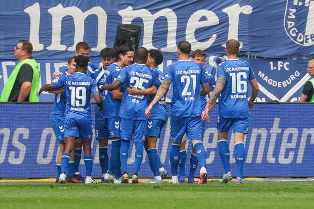 03.05.2026, xgox, Fussball - 2.Bundesliga 1.FC Magdeburg - Hertha BSC Berlin emspor, v.l. Jubel nach dem 1:0 durch Laurin Ulrich (Magdeburg, 8) (DFL DFB REGULATIONS PROHIBIT ANY USE OF PHOTOGRAPHS as IMAGE SEQUENCES and or QUASI-VIDEO) Magdeburg
