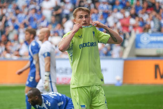 03.05.2026, xgox, Fussball - 2.Bundesliga 1.FC Magdeburg - Hertha BSC Berlin emspor, v.l. Marten Winkler (Hertha, 22) enttaeuscht, schaut enttaeuscht, niedergeschlagen, disappointed (DFL DFB REGULATIONS PROHIBIT ANY USE OF PHOTOGRAPHS as IMAGE SEQUENCES and or QUASI-VIDEO) Magdeburg