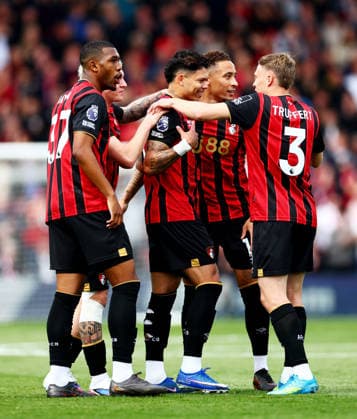 Evanilson of AFC Bournemouth celebrates the opening goal with team mates. AFC Bournemouth v Crystal Palace, Premier League, Football, Vitality Stadium, Bournemouth , UK - 03 May 2026Bournemouth Vitality Stadium United Kingdom EDITORIAL USE ONLY No use with unauthorised audio, video, data, fixture lists, club league logos or live services. Online in-match use limited to 120 images, no video emulation. No use in betting, games or single club league player publications. Copyright: xJamesxMarsh Shutterstockx 16854586af