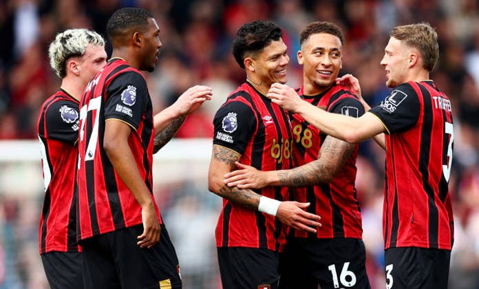 Evanilson of AFC Bournemouth celebrates the opening goal with team mates. AFC Bournemouth v Crystal Palace, Premier League, Football, Vitality Stadium, Bournemouth , UK - 03 May 2026Bournemouth Vitality Stadium United Kingdom EDITORIAL USE ONLY No use with unauthorised audio, video, data, fixture lists, club league logos or live services. Online in-match use limited to 120 images, no video emulation. No use in betting, games or single club league player publications. Copyright: xJamesxMarsh Shutterstockx 16854586ad