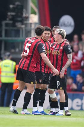 Bournemouth v Crystal Palace, Premier League, Football, Vitality Stadium, Bournemouth, UK - 03 May 2026 Evanilson (C) of Bournemouth celebrates the opening goal. Bournemouth Vitality Stadium Bournemouth UK, UK NEWSPAPERS OUT Copyright: xSeanxRyanx