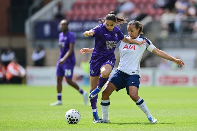 Delphine Cascarino of London City Lionesses and Drew Spence of Tottenham Hotspur Women challenge for the ball during the Women s Super League match between Tottenham Hotspur Women and London City Lionesses at the Brisbane Road, London, England on 3 May 2026. Copyright: xPhilxHutchinsonx 44910018
