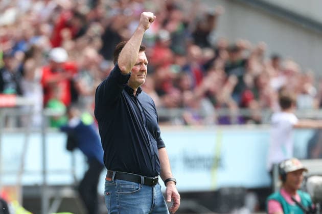 2. Bundesliga - Hannover 96 - SC Preußen Münster am 03.05.2026 in der Heinz von Heiden Arena in Hannover Jubel und Freude bei Trainer Christian Titz (Hannover) über das Tor zum 3 zu 2 durch Stefan Teitur Thordarson (Hannover 23)(nicht im Bild)