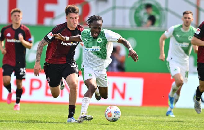 03.05.2026 - Fussball - Saison 2025 2026 - 2. Fussball - Bundesliga - Derby Frankenderby - 32. Spieltag: SpVgg Greuther Fürth ( Kleeblatt ) - 1. FC Nürnberg FCN ( Club ) - Sportfoto Zink - xwoxzix - DFL regulations prohibit any use of photographs as image sequences and or quasi-video - only for editorial use - Javier Fernandez (20, 1. FC Nürnberg FCN ) Noel Futkeu (9, SpVgg Greuther Fürth )