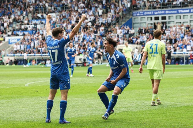 Torjubel - Torschütze Laurin Ulrich (1. FC Magdeburg,8) trifft zum 1-0 mit Alexander Nollenberger (1. FC Magdeburg,17) - 2. Fußball Bundesliga Saison 2025-2026 Punktspiel 1. FC Magdeburg vs. Hertha BSC Berlin in der Avnet Arena in Magdeburg - Aktion,Fußball,Mann,Männer,Deutschland,03.05.2026