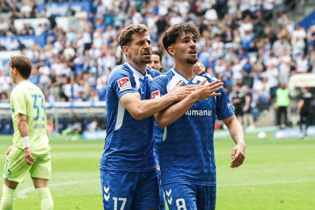 Torjubel - Torschütze Laurin Ulrich (1. FC Magdeburg,8) trifft zum 1-0 mit Alexander Nollenberger (1. FC Magdeburg,17) - 2. Fußball Bundesliga Saison 2025-2026 Punktspiel 1. FC Magdeburg vs. Hertha BSC Berlin in der Avnet Arena in Magdeburg - Aktion,Fußball,Mann,Männer,Deutschland,03.05.2026