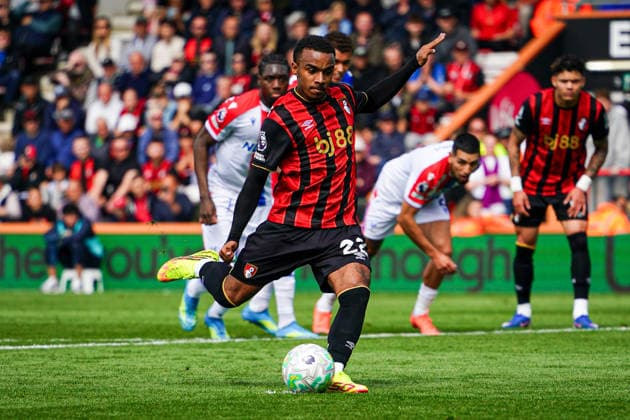 3rd May 2026, Bournemouth, Dorset, England; Premier League Football, AFC Bournemouth versus Crystal Palace; Eli Junior Kroupi of Bournemouth scores from penalty his sides second goal to make it 2-0 in the 32nd minute KamilxKrella
