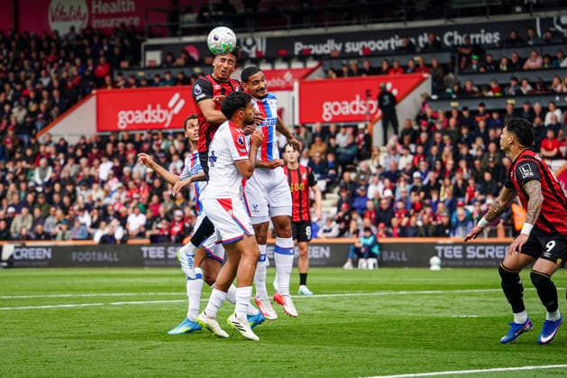 3rd May 2026, Bournemouth, Dorset, England; Premier League Football, AFC Bournemouth versus Crystal Palace; James Hill of Bournemouth heads the ball KamilxKrella