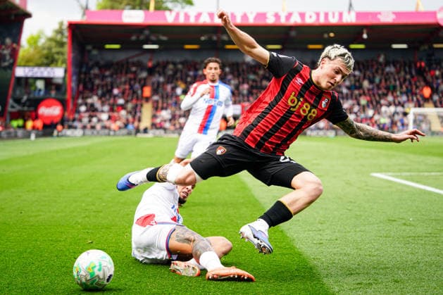 3rd May 2026, Bournemouth, Dorset, England; Premier League Football, AFC Bournemouth versus Crystal Palace; Daniel Munoz of Crystal Palace puts in a tackle on Alex Jimenez of Bournemouth KamilxKrella