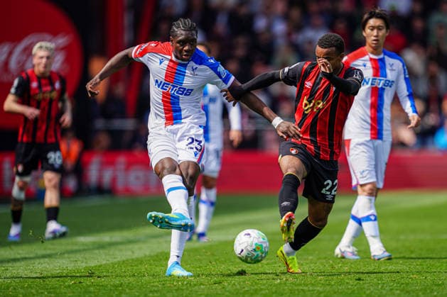 3rd May 2026, Bournemouth, Dorset, England; Premier League Football, AFC Bournemouth versus Crystal Palace; Eli Junior Kroupi of Bournemouth battles for the ball with Jaydee Canvot of Crystal Palace KamilxKrella