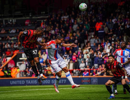 3rd May 2026, Bournemouth, Dorset, England; Premier League Football, AFC Bournemouth versus Crystal Palace; Rayan of Bournemouth headers the ball KamilxKrella