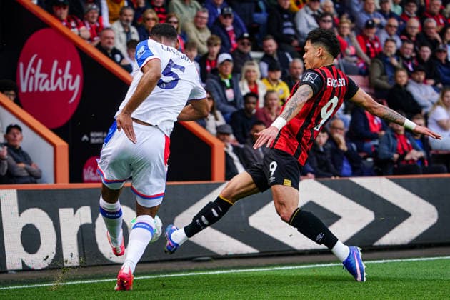 3rd May 2026, Bournemouth, Dorset, England; Premier League Football, AFC Bournemouth versus Crystal Palace; Evanilson of Bournemouth battles for the ball with Maxence Lacroix of Crystal Palace KamilxKrella