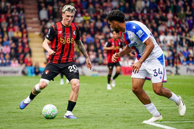 3rd May 2026, Bournemouth, Dorset, England; Premier League Football, AFC Bournemouth versus Crystal Palace; Alex Jimenez of Bournemouth feels pressure from Chadi Riad of Crystal Palace KamilxKrella