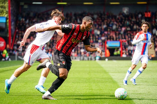 3rd May 2026, Bournemouth, Dorset, England; Premier League Football, AFC Bournemouth versus Crystal Palace; Rayan of Bournemouth sprints forward with the ball past Justin Devenny of Crystal Palace KamilxKrella