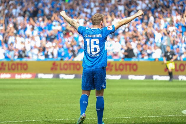 03.05.2026, xgox, Fussball - 2.Bundesliga 1.FC Magdeburg - Hertha BSC Berlin emspor, v.l. Marcus Mathisen (Magdeburg, 16) Jubel ueber den Sieg, Jubel nach Spielende (DFL DFB REGULATIONS PROHIBIT ANY USE OF PHOTOGRAPHS as IMAGE SEQUENCES and or QUASI-VIDEO) Magdeburg