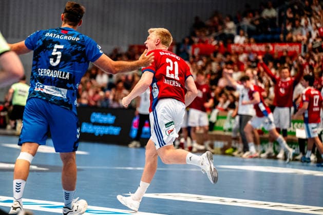 03.05.2026, xdobgx, Handball Daikin HBL, Handball Verein Hamburg HSV - TVB Stuttgart v.l. Frederik Bo Andersen (Handball Sport Verein Hamburg, 21) Jubel, Torjubel, jubelt ueber das Tor, celebrate the goal, celebration Hamburg
