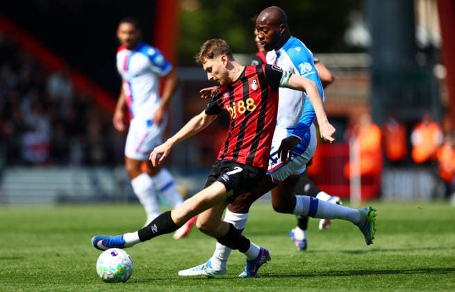 David Brooks of AFC Bournemouth and Jean-Philippe Mateta of Crystal Palace. AFC Bournemouth v Crystal Palace, Premier League, Football, Vitality Stadium, Bournemouth , UK - 03 May 2026Bournemouth Vitality Stadium United Kingdom EDITORIAL USE ONLY No use with unauthorised audio, video, data, fixture lists, club league logos or live services. Online in-match use limited to 120 images, no video emulation. No use in betting, games or single club league player publications. Copyright: xJamesxMarsh Shutterstockx 16854586bx