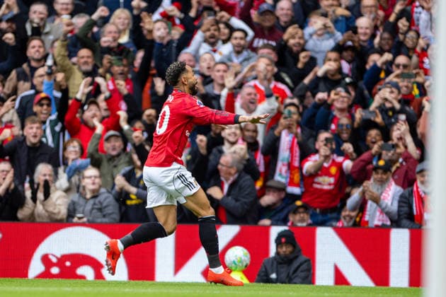 Football - FA Premier League - Manchester United, ManU FC v Liverpool FC MANCHESTER, ENGLAND - Sunday, May 3, 2026: Manchester United s Matheus Cunha celebrates after scoring the first goal during the FA Premier League match between Manchester United FC and Liverpool FC at Old Trafford. (Photo by David Rawcliffe Propaganda) MANCHESTER Old Trafford GREATER MANCHESTER ENGLAND  Copyright: xDavidxRawcliffex P2026-05-03-Man_Utd_Liverpool-38