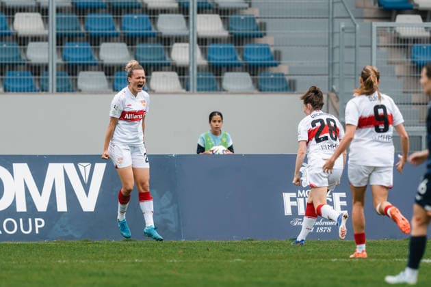 03.05.26, Women, Football, 2.Bundesliga, Season 2025 2026, VFL Bochum 1848 - VfB Stuttgart, Matchday 24 Jana Beuschlein ( 20 - VfB Stuttgart) celebration of the goal for the 1:0 BOCHUM Lohrheidestadion - Wattenscheid NRW Deutschland