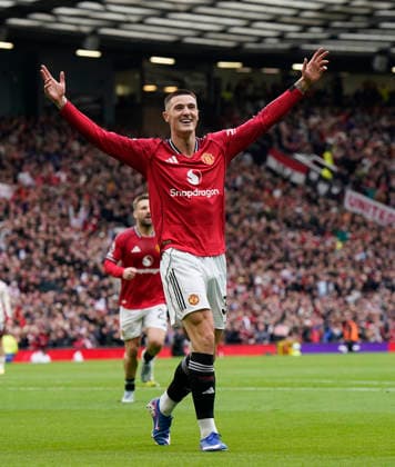 Manchester, England, 3rd May 2026. Benjamin Sesko of Manchester United, ManU celebrates scoring the second goal during the Manchester United vs Liverpool Premier League match at Old Trafford, Manchester. Picture credit should read: Andrew Yates Sportimage EDITORIAL USE ONLY. No use with unauthorised audio, video, data, fixture lists, club league logos or live services. Online in-match use limited to 120 images, no video emulation. No use in betting, games or single club league player publications. SPI_041_AY_MAN_UTD_LIVERPOOL SPI-4776-0040