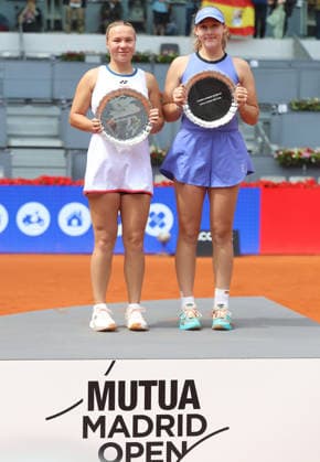 Alberto Simon Mirra Andreeva and Diana Shnaider pose with the runners-up s trophy, during the trophy presentation ceremony of the women doubles final of the Mutua Madrid Open tennis tournament at the Caja Magica, in Madrid on May 3, 2026. Copyright: xALBERTOxSIMONx AgenciaxLOFx
