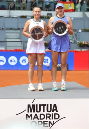 Alberto Simon Mirra Andreeva and Diana Shnaider pose with the runners-up s trophy, during the trophy presentation ceremony of the women doubles final of the Mutua Madrid Open tennis tournament at the Caja Magica, in Madrid on May 3, 2026. Copyright: xALBERTOxSIMONx AgenciaxLOFx