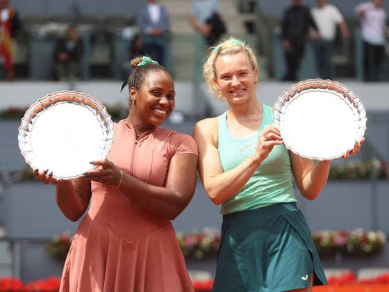 Alberto Simon Taylor Townsend and Katerina Siniakova pose with the winners trophies, during the trophy presentation ceremony of the women doubles final of the Mutua Madrid Open tennis tournament at the Caja Magica, in Madrid on May 3, 2026. Copyright: xALBERTOxSIMONx AgenciaxLOFx