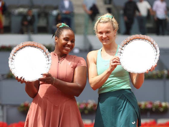 Alberto Simon Taylor Townsend and Katerina Siniakova pose with the winners trophies, during the trophy presentation ceremony of the women doubles final of the Mutua Madrid Open tennis tournament at the Caja Magica, in Madrid on May 3, 2026. Copyright: xALBERTOxSIMONx AgenciaxLOFx