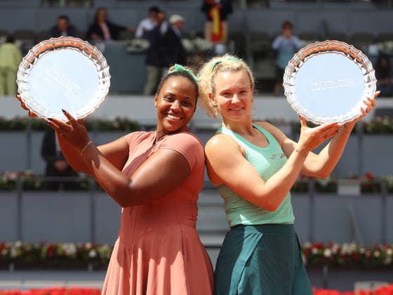 Alberto Simon Taylor Townsend and Katerina Siniakova pose with the winners trophies, during the trophy presentation ceremony of the women doubles final of the Mutua Madrid Open tennis tournament at the Caja Magica, in Madrid on May 3, 2026. Copyright: xALBERTOxSIMONx AgenciaxLOFx