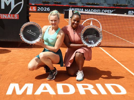 Alberto Simon Taylor Townsend and Katerina Siniakova pose with the winners trophies, during the trophy presentation ceremony of the women doubles final of the Mutua Madrid Open tennis tournament at the Caja Magica, in Madrid on May 3, 2026. Copyright: xALBERTOxSIMONx AgenciaxLOFx
