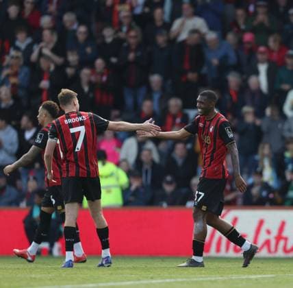 Premier League - AFC Bournemouth v Crystal Palace BOURNEMOUTH, ENGLAND, MAY 03: GOAL 3-0, Rayan of AFC Bournemouth goal celebration with David Brooks of AFC Bournemouth after scoring a goal to put AFC Bournemouth 3-0 ahead during the Premier League match between AFC Bournemouth v Crystal Palace at Vitality Stadium, Bournemouth, England, on May 3. (Photo by Daniel Weir) Bournemouth Vitality Stadium England Copyright: xDanielxWeir SportsxPressxPhotox Sportspressphoto_SPR140895