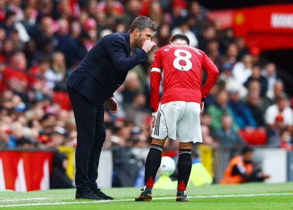 Manchester United, ManU caretaker manager Michael Carrick issues instructions to Bruno Fernandes Manchester United v Liverpool, Premier League, Football, Old Trafford, Manchester , UK - 03 May 2026Manchester Old Trafford United Kingdom EDITORIAL USE ONLY No use with unauthorised audio, video, data, fixture lists, club league logos or live services. Online in-match use limited to 120 images, no video emulation. No use in betting, games or single club league player publications. Copyright: xMattxWest Shutterstockx 16854589u
