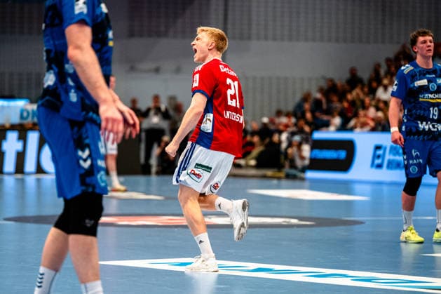 03.05.2026, xdobgx, Handball Daikin HBL, Handball Verein Hamburg HSV - TVB Stuttgart v.l. Frederik Bo Andersen (Handball Sport Verein Hamburg, 21) Jubel, Torjubel, jubelt ueber das Tor, celebrate the goal, celebration Hamburg