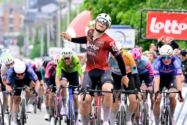 Lotto Famenne Ardenne Classic 2026 Cycling Race MARCHE-EN-FAMENNE, BELGIUM - MAY 03 : De Lie Arnaud (BEL) of Lotto - Intermarche wins the sprint, second place for Verbrugghe Jens (BEL) of NSN Development Team, third place for Moschetti Matteo (ITA) of Pinarello - Q36.5 Pro Cycling Team during the 8th edition of Lotto Famenne Ardenne Classic an UCI Class 1.1 one day cycling road race for Men Elite of km with start in Marche-en-Famenne and finish in Marche-en-Famenne on May 3, 2026 in Marche-en-Famenne, Belgium, 03 05 2026 ( Motordriver Guy De Vuyst - Marche-en-Famenne Belgium  Copyright: xJanxDexMeuleneirx