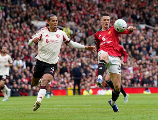 Manchester, England, 3rd May 2026. Virgil van Dijk of Liverpool and Benjamin Sesko of Manchester United, ManU during the Manchester United vs Liverpool Premier League match at Old Trafford, Manchester. Picture credit should read: Andrew Yates Sportimage EDITORIAL USE ONLY. No use with unauthorised audio, video, data, fixture lists, club league logos or live services. Online in-match use limited to 120 images, no video emulation. No use in betting, games or single club league player publications. SPI_069_AY_MAN_UTD_LIVERPOOL SPI-4776-0068