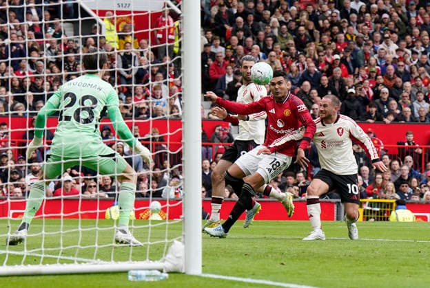 Manchester, England, 3rd May 2026. Casemiro of Manchester United, ManU misses a chance to score during the Manchester United vs Liverpool Premier League match at Old Trafford, Manchester. Picture credit should read: Andrew Yates Sportimage EDITORIAL USE ONLY. No use with unauthorised audio, video, data, fixture lists, club league logos or live services. Online in-match use limited to 120 images, no video emulation. No use in betting, games or single club league player publications. SPI_073_AY_MAN_UTD_LIVERPOOL SPI-4776-0072