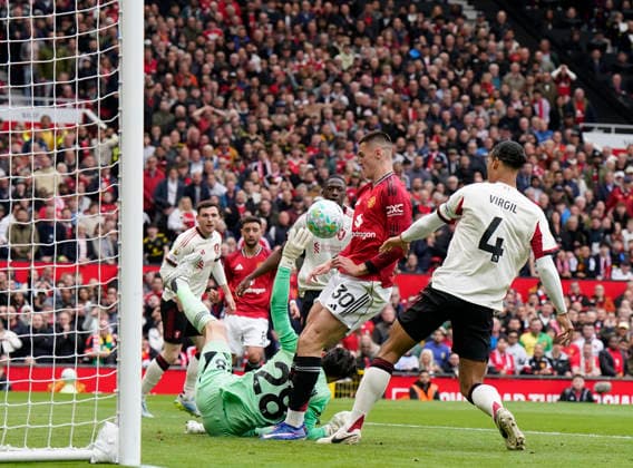 Manchester, England, 3rd May 2026. Benjamin Sesko of Manchester United, ManU scoring the second goal during the Manchester United vs Liverpool Premier League match at Old Trafford, Manchester. Picture credit should read: Andrew Yates Sportimage EDITORIAL USE ONLY. No use with unauthorised audio, video, data, fixture lists, club league logos or live services. Online in-match use limited to 120 images, no video emulation. No use in betting, games or single club league player publications. SPI_074_AY_MAN_UTD_LIVERPOOL SPI-4776-0073