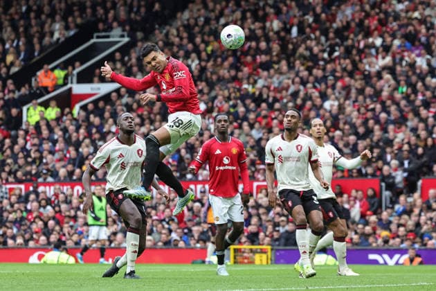 Premier League: Manchester United, ManU v Liverpool Casemiro of Manchester United heads on goal, saved by keeper during the Premier League match Manchester United vs Liverpool at Old Trafford, Manchester, United Kingdom on 03 May 2026 (Photo by Mark Cosgrove News Images) Manchester Old Trafford Greater Manchester United Kingdom Copyright: xMarkxCosgrove NewsxImagesx