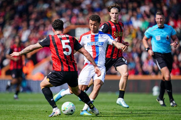 3rd May 2026, Bournemouth, Dorset, England; Premier League Football, AFC Bournemouth versus Crystal Palace; Brennan Johnson of Crystal Palace takes a shot on goal KamilxKrella