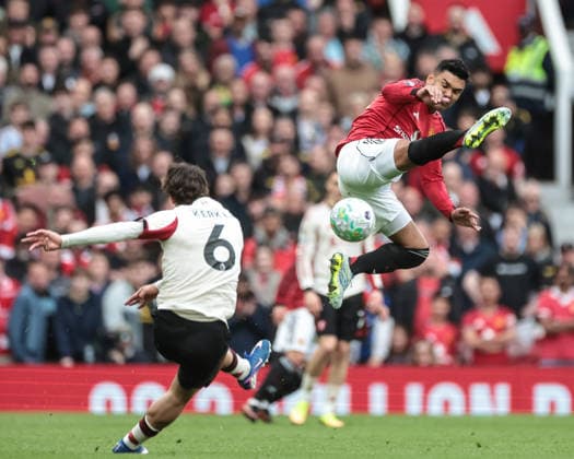 Premier League: Manchester United, ManU v Liverpool Casemiro of Manchester United jumps to block a shot off Milos Kerkez of Liverpool during the Premier League match Manchester United vs Liverpool at Old Trafford, Manchester, United Kingdom on 03 May 2026 (Photo by Mark Cosgrove News Images) Manchester Old Trafford Greater Manchester United Kingdom Copyright: xMarkxCosgrove NewsxImagesx
