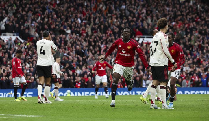 Manchester Utd v Liverpool, FA Premier League 03.05.26 Manchester Utd v Liverpool, FA Premier League Bradley Ormesher The Times Kobbie Mainoo of Manchester United, ManU scores and celebrates scoring his teams 3rd goal  Copyright: xBradleyxOrmesherx NINTCHDBPICT001078048815