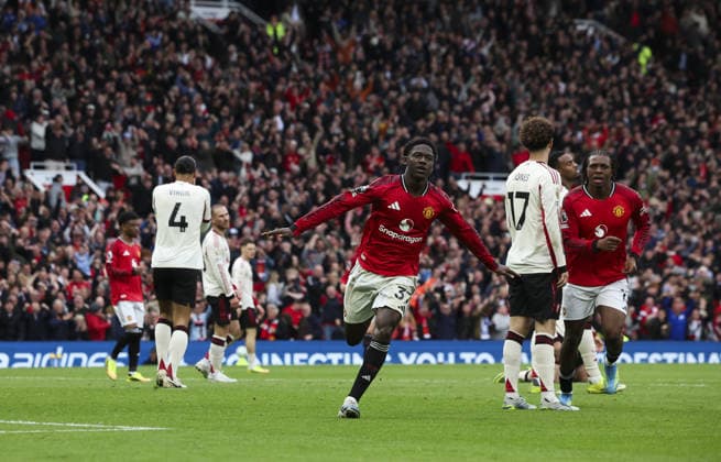 Manchester Utd v Liverpool, FA Premier League 03.05.26 Manchester Utd v Liverpool, FA Premier League Bradley Ormesher The Times Kobbie Mainoo of Manchester United, ManU scores and celebrates scoring his teams 3rd goal  Copyright: xBradleyxOrmesherx NINTCHDBPICT001078048842