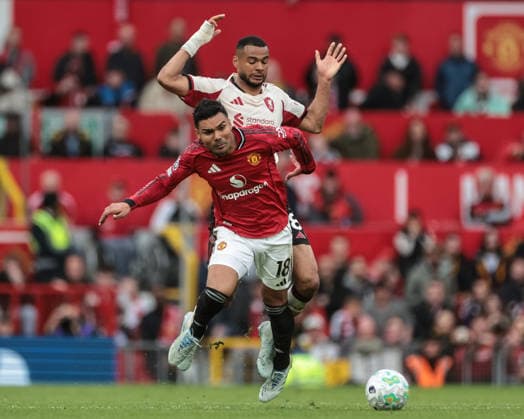 Premier League: Manchester United, ManU v Liverpool Casemiro of Manchester United is fouled by Cody Gakpo of Liverpool during the Premier League match Manchester United vs Liverpool at Old Trafford, Manchester, United Kingdom on 03 May 2026 (Photo by Mark Cosgrove News Images) Manchester Old Trafford Greater Manchester United Kingdom Copyright: xMarkxCosgrove NewsxImagesx