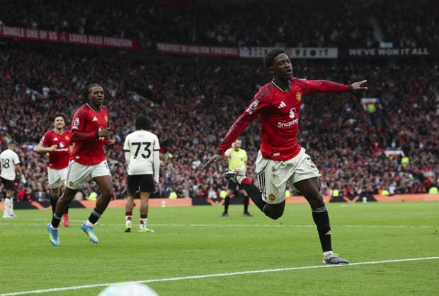 Manchester Utd v Liverpool, FA Premier League 03.05.26 Manchester Utd v Liverpool, FA Premier League Bradley Ormesher The Times Kobbie Mainoo of Manchester United, ManU scores and celebrates scoring his teams 3rd goal  Copyright: xBradleyxOrmesherx NINTCHDBPICT001078049174