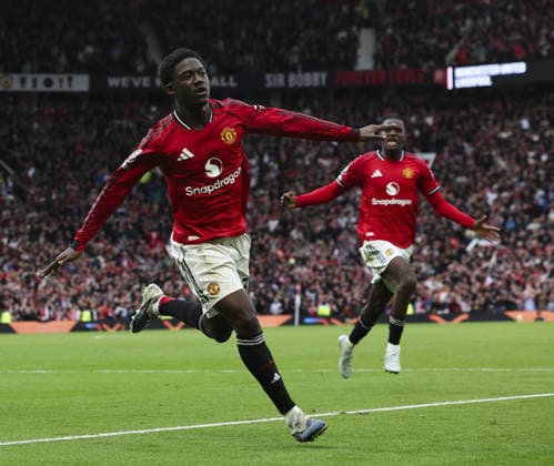 Manchester Utd v Liverpool, FA Premier League 03.05.26 Manchester Utd v Liverpool, FA Premier League Bradley Ormesher The Times Kobbie Mainoo of Manchester United, ManU scores and celebrates scoring his teams 3rd goal  Copyright: xBradleyxOrmesherx NINTCHDBPICT001078049216
