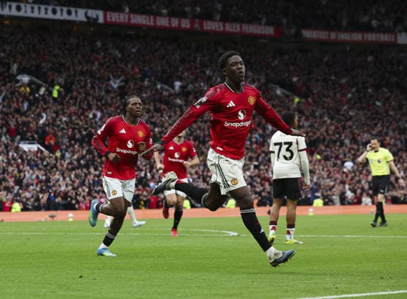 Manchester Utd v Liverpool, FA Premier League 03.05.26 Manchester Utd v Liverpool, FA Premier League Bradley Ormesher The Times Kobbie Mainoo of Manchester United, ManU scores and celebrates scoring his teams 3rd goal  Copyright: xBradleyxOrmesherx NINTCHDBPICT001078049246