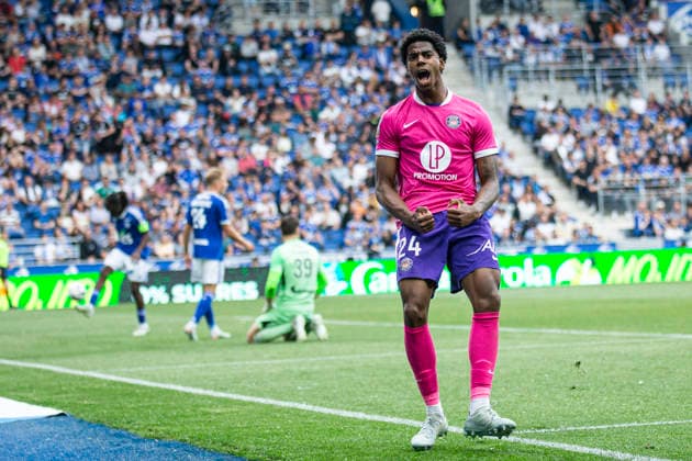 FOOTBALL : Racing de Strasbourg vs Toulouse FC - ligue 1 - Strasbourg - 03 05 2026 Joie des joueurs de l equipe de Toulouse FC apres le but de Dayann Methalie 24 (Toulouse FC)  Copyright: xx
