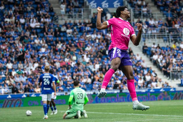 FOOTBALL : Racing de Strasbourg vs Toulouse FC - ligue 1 - Strasbourg - 03 05 2026 Joie des joueurs de l equipe de Toulouse FC apres le but de Dayann Methalie 24 (Toulouse FC)  Copyright: xx