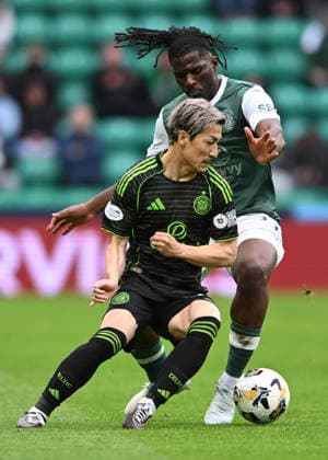 Edinburgh, Scotland, 3rd May 2026. Daizen Maeda of Celtic and Rocky Bushiri of Hibernian during the Hibernian vs Celtic Scottish Premiership match at Easter Road, Edinburgh. Picture credit should read: Neil Hanna Sportimage EDITORIAL USE ONLY. No use with unauthorised audio, video, data, fixture lists, club league logos or live services. Online in-match use limited to 120 images, no video emulation. No use in betting, games or single club league player publications. SPI_099_NH_Hibs_Celtic SPI-4765-0099
